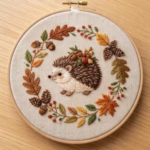 Beginner Autumn Hedgehog Acorn Embroidery Kit - Cottagecore Fall DIY Hoop Art