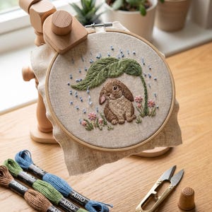 Puede incluir: Un bastidor de bordado sobre un soporte de madera muestra una escena bordada de un conejo marrón bajo una hoja grande y verde durante una lluvia. Tres madejas de hilo de algodón mate Airo en marrón, verde y azul, tijeras y un dedal.
