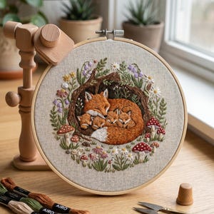 Op de afbeelding: Een borduurring met een beige stoffen paneel met een handgestikt ontwerp van een vossenmoeder en drie welpen die in een holle boomstam slapen. De scène is omringd door geborduurde wilde bloemen, groen gebladerte en rood-witte paddenstoelen.