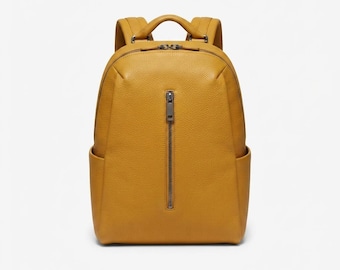 Handcrafted Unisex Genuine Leather Backpack, Mustard Yellow Leather Bag, Minimalist Travel Backpack, Handmade Daypack, Casual Rucksack
