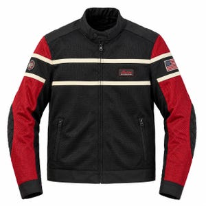 May include: A black mesh motorcycle jacket featuring red sleeves with quilted elbow patches, two horizontal cream stripes across the chest, a stand-up collar, zippered pockets, an American flag patch, and an Indian Motorcycle logo patch.