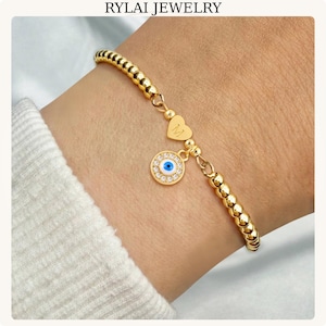 Evil Eye Initial Bracelet with Heart Charm | Gold Adjustable Protection Gift for Her