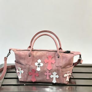 Washed Pink Cross Patch Boston Tote Bag, Y2K Coquette Gothic Large Shoulder Purse, Faux Leather Multi Cross Applique Handbag,