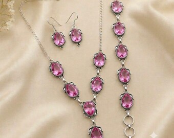Conjunto de collar, pulsera y pendientes de kunzita rosa y plata de ley 925 hechos a mano: joyería nupcial bohemia.