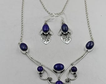 Conjunto de collar y pendientes de plata de ley 925 con lapislázuli azul natural: Regalo de joyería nupcial estilo boho