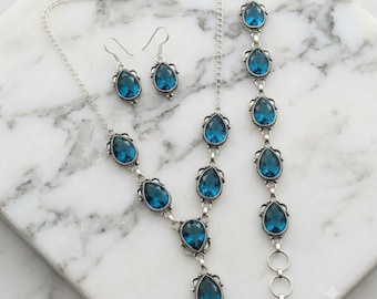 Conjunto de topacio azul de Londres, collar, pulsera y pendientes de plata de ley 925, joyería bohemia a juego con piedras preciosas.