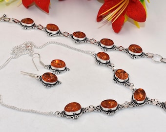 Baltic Amber 925 Sterling Silver Necklace Bracelet Earring Set: Bohemian Bridal Jewelry Set