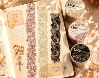 Vintage Lace Background Washi Tape, Retro Collage Journaling Tape, Decorative Scrapbook Tape, Lace Season PET Tape for Planner DIY