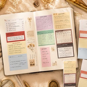 May include: An open planner featuring various colourful sticky notes and checklists. The pages contain handwritten text, including to-do lists, time arrangements, and monthly trackers. Decorative elements include small illustrations of a bow, flowers, and a butterfly.