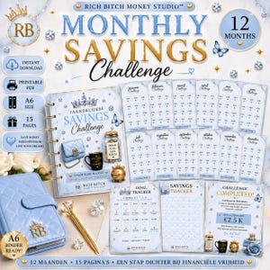 Monthly Savings Challenge | Printable Savings Challenge | A6 Cash Stuffing Binder Inserts | 12 Month Savings Tracker | Budget Planner PDF
