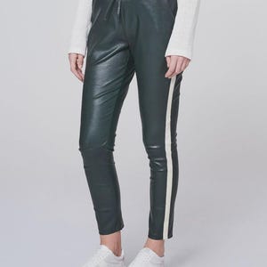 Handmade Genuine Leather Jogger Pants – Dark Green Skinny Trousers with White Side Stripe