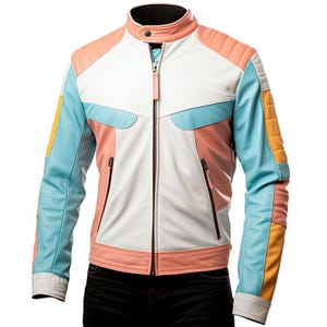 Men's Genuine Sheep Leather Color-Block Motorcycle Jacket, Patchwork Streetwear Coat