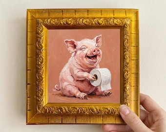 Pig With Toilet Paper Oil Painting, Original Mini Animal Wall Art, Hand Painted Canvas