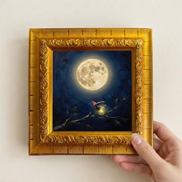 Originales Ölgemälde mit Mond und Glühwürmchen, handgemaltes Leinwandbild, kleines gerahmtes Kunstwerk