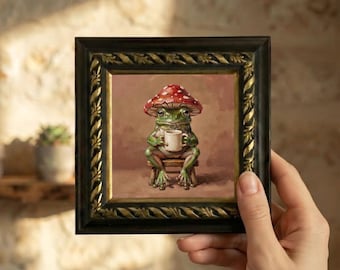 Cuadro al óleo original de Frog Coffee en mini lienzo para pared, obra de arte pequeña enmarcada.