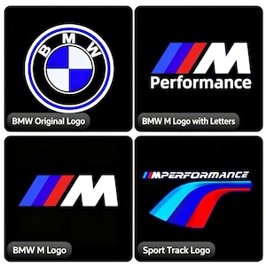 May include: A four-panel graphic display on a black background featuring the BMW original logo, the BMW M Performance logo with text, the BMW M logo, and a stylized sport track logo with the text PERFORMANCE in white lettering.