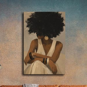 May include: A rectangular wall art print featuring a painting of a person with a large afro hairstyle wearing a white sleeveless top and gold bracelets. The person is positioned with arms crossed, and the artwork has a neutral, muted color palette.