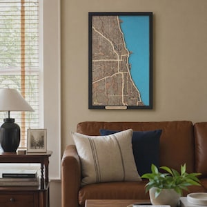 Cicago Wooden City Map with Epoxy: Personalized Wall Art,Gift for Him