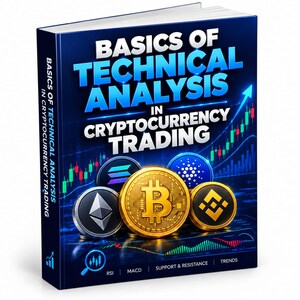 May include: A hardcover book titled Basics of Technical Analysis in Cryptocurrency Trading with a dark blue cover featuring a large gold Bitcoin coin, other cryptocurrency tokens, and glowing red and green financial trading charts.