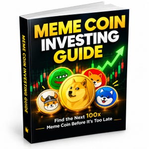 Puede incluir: Un libro titulado MEME COIN INVESTING GUIDE con una portada negra que presenta una flecha verde ascendente y cinco monedas circulares coloridas con varias ilustraciones de animales, incluyendo un doge, una rana y un shiba inu, con texto.