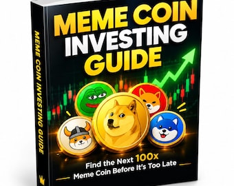 Könnte beinhalten: Ein Buch mit dem Titel MEME COIN INVESTING GUIDE mit schwarzem Einband, einem grünen, nach oben gerichteten Pfeil und fünf bunten, runden Münzen, die verschiedene Tierillustrationen wie einen Doge, einen Frosch und einen Shiba Inu zeigen.