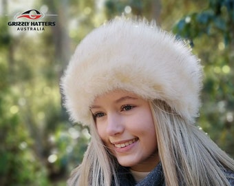 Warm Ladies Faux Fur Hat - Handmade in Australia - Elegant Cossack Hat - Adjustable size - Premium Quality Faux Fur in Natural Colours