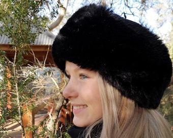 Elegant Fur Hat in Black - Warm Ladies Faux Fur Hat -  Premium Quality Rabbit Imitation Fake Fur - Super Soft - One size fits most