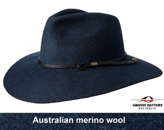 THE SALAMANCA wide brim fedora hat made from Australian merino wool in navy blue color, adjustable size, unisex, travel felt hat