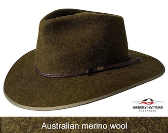 THE WELLINGTON wide brim fedora hat made from Australian merino wool in Fern GREEN marle color, adjustable size, unisex Aussie outback hat