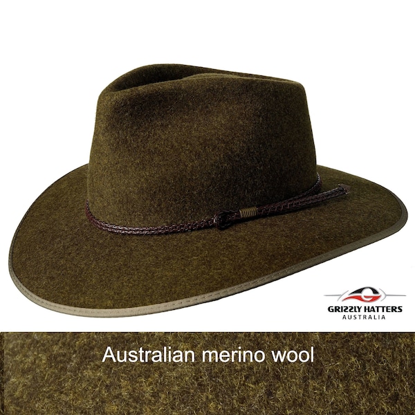 THE WELLINGTON wide brim fedora hat made from Australian merino wool in Fern GREEN marle color, adjustable size, unisex Aussie outback hat