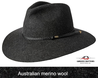 THE SALAMANCA Fedora wide brim hat in Charcoal color made from 100% Australian felted merino wool, smart casual style, perfect travel hat