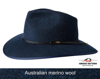 THE WELLINGTON wide brim fedora hat made from Australian merino wool in BLUE marl color, adjustable size, water repellent, made in Australia