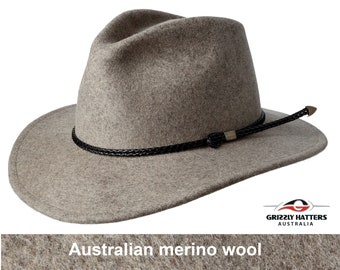 THE AURORA wool fedora hat with wide brim in stone beige color, made from 100% Australian felt wool, adjustable size, best UV sun protection