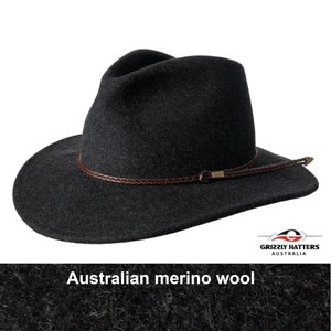 THE AURORA unisex wool fedora hat with wide brim in charcoal black color, 100% Australian felt wool adjustable size, farm chic country style