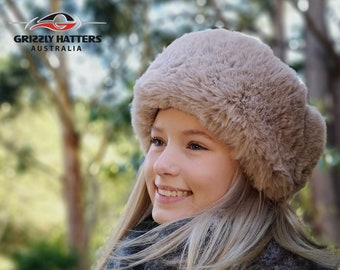 Elegant Cossack Hat in Soft Tan Colour - Eco Friendly Faux Fur Hat -  Premium Quality Rabbit Imitation Faux Fur - Sustainable