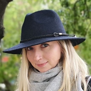 THE SALAMANCA wide brim fedora hat made from Australian merino wool in navy blue color, adjustable size, unisex, travel felt hat image 2