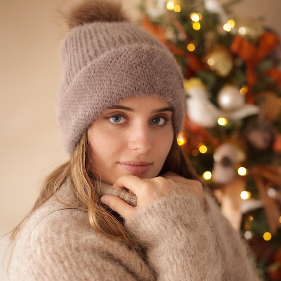 Cozy Winter Angora + Merino Wool Blend Hat for Women With Fleece