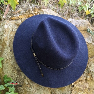 THE SALAMANCA wide brim fedora hat made from Australian merino wool in navy blue color, adjustable size, unisex, travel felt hat image 8