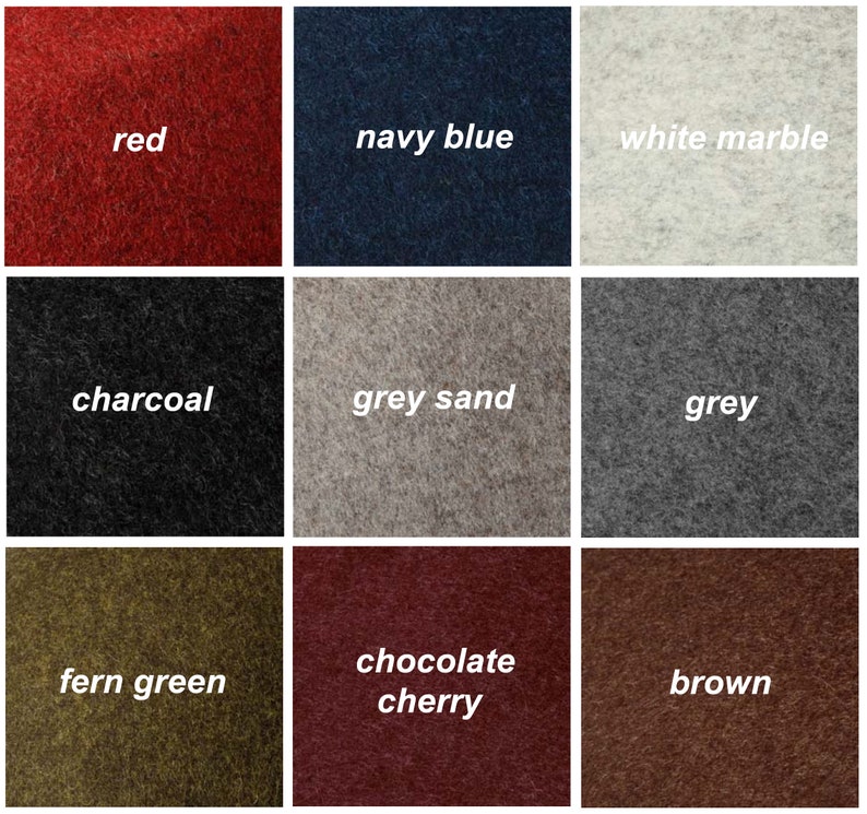 Op de afbeelding: Negen stofstalen in verschillende kleuren en texturen, waaronder rood, marineblauw, wit marmer, antraciet, grijs zand, grijs, varengroen, chocoladekers en bruin.
