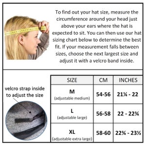 Op de afbeelding: Een tabel met hoedmaten in inches en centimeters. De tabel bevat drie maten: M (verstelbare medium), L (verstelbare large) en XL (verstelbare extra large). Elke maat heeft een bijbehorende hoofdomtrekmeting in inches en centimeters. De tabel bevat ook een diagram dat laat zien hoe je je hoofd moet meten voor de juiste hoedmaat.