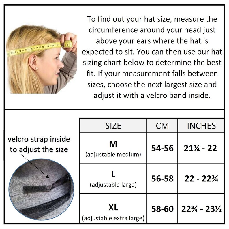Op de afbeelding: Een tabel met hoedmaten in inches en centimeters. De tabel bevat drie maten: M (verstelbare medium), L (verstelbare large) en XL (verstelbare extra large). Elke maat heeft een bijbehorende hoofdomtrekmeting in inches en centimeters. De tabel bevat ook een diagram dat laat zien hoe je je hoofd moet meten voor de juiste hoedmaat.