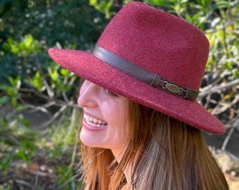 The SAPPHIRE fedora hat made from Australian merino wool in RED color, adjustable size, unisex Aussie outback minimalist stylish hat