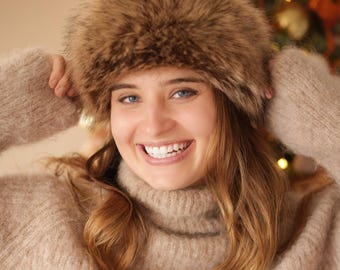Warm Ladies Faux Fur Hat - Handmade in Australia - Elegant Cossack Hat - Adjustable size - Premium Quality Faux Fur in Natural Colours