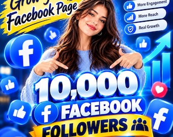 Può includere: Un grafico digitale per la crescita di una pagina Facebook con il testo Grow Your Facebook Page, 10,000 Facebook Followers, More Followers, More Engagement, More Reach e Real Growth, circondato da icone Facebook blu.