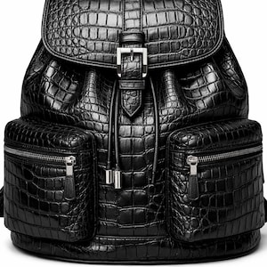 Könnte beinhalten: Ein schwarzer Rucksack mit texturiertem Krokodilleder-Muster. Die Tasche verfügt über eine obere Klappe mit silberner Schnalle, ein Hauptfach mit Kordelzug und zwei Vordertaschen mit silbernen Reißverschlüssen, Schultergurten und einem Tragegriff.