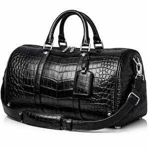 May include: A black holdall bag featuring a textured crocodile skin pattern. The bag includes two top handles, a detachable shoulder strap with a padded section, silver-toned metal hardware, dual zip closures, and a small matching luggage tag.