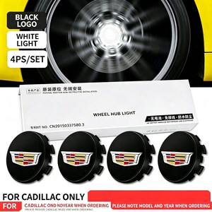 Cadillac Black Base Floating LED Wheel Cover 4-Piece Set Magnetic Levitation Illuminated Shield-Shaped Logo Center Cover RGB