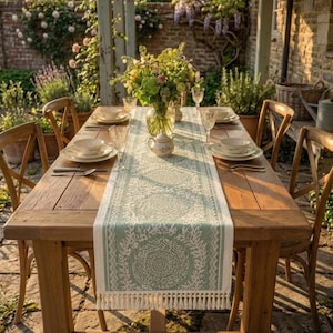 May include: A rectangular table runner featuring a light green and white intricate geometric pattern with a fringed edge. The runner is centred on a wooden table set with white ceramic plates, clear glassware, and a central floral arrangement.