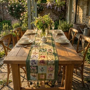 May include: A rectangular table runner featuring a grid of embroidered floral squares in shades of pink, yellow, purple, and green, finished with small tassels at the ends. The runner is placed on a wooden table set with white bowls and glasses.