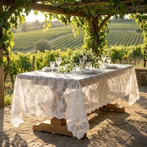 May include: A rectangular wooden table covered with a white lace tablecloth featuring intricate floral patterns. The table is set with clear glass goblets, white ceramic plates, and a central floral arrangement with white flowers and green foliage.